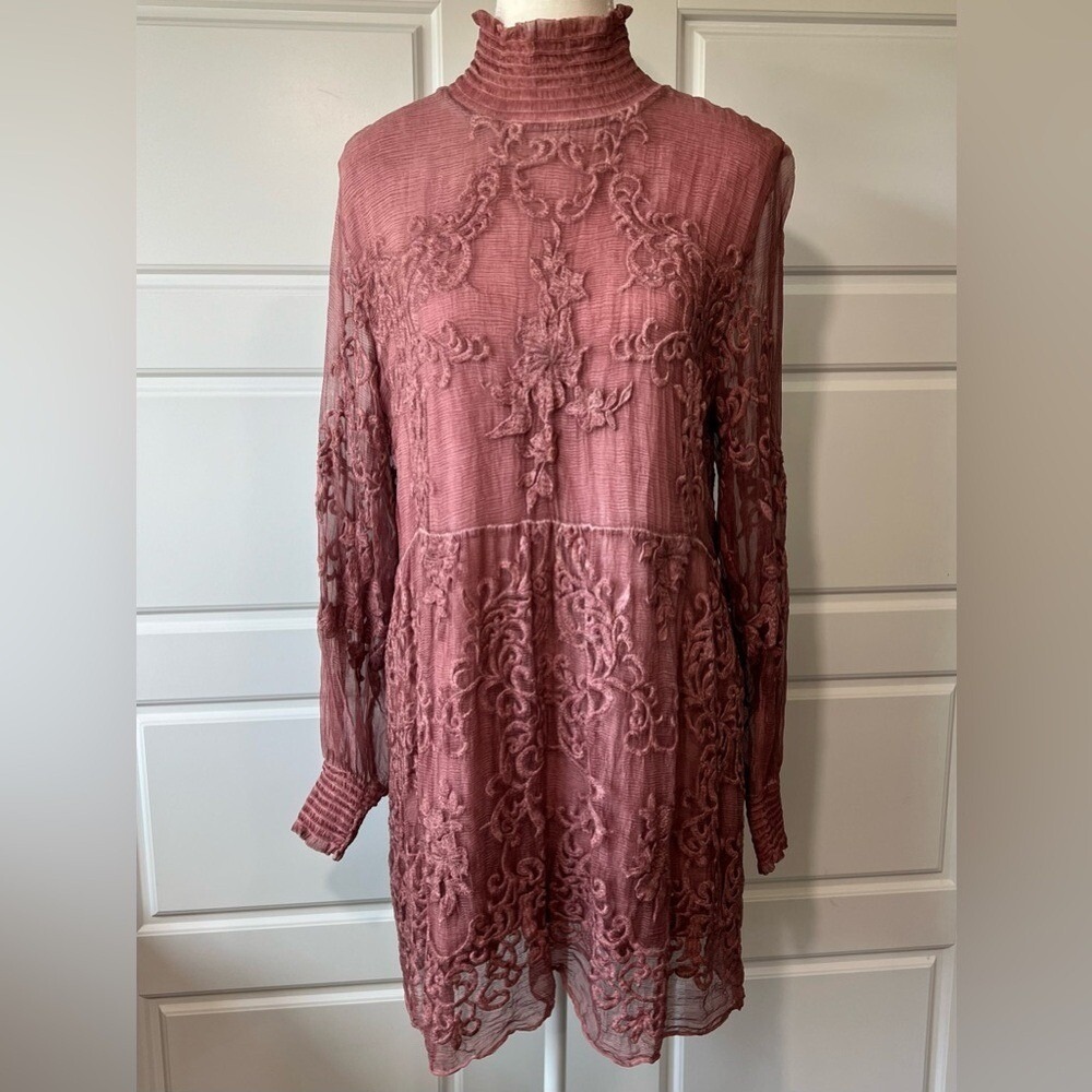 Soft Surroundings Lace Mini Dress High Neck Long Sleeve Romantic Party Evening M